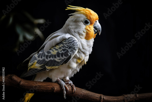 Cockatiel parrot on a branch on nature background. Birds. Wildlife Animals. Illustration, generative AI.