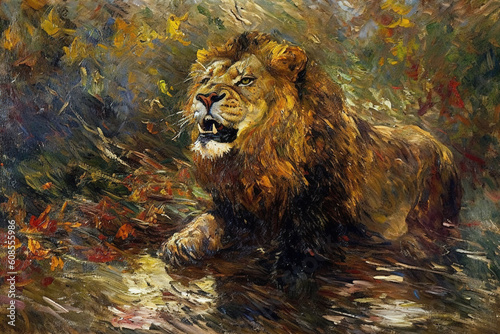 Image of impressionist male lion painting. Wildlife Animals. Illustration. Generative AI.