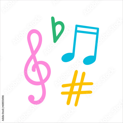 Music signs, accidental, note symbols vector elements. Hand drawn doodle style graphics, illustration