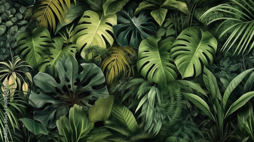 A lush green and yellow wall covered with vibrant leaves. Generative ai