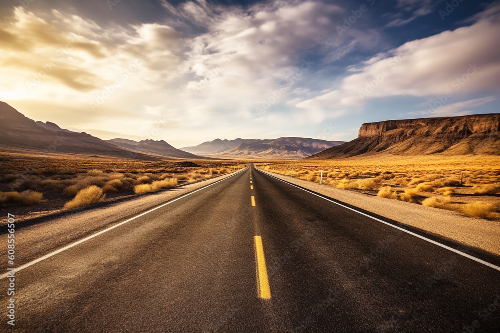 Direct asphalt road through the desert. Generative AI
