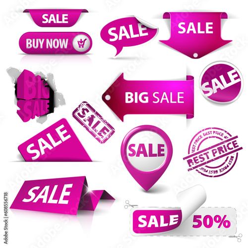 Collection of vector purple sale tickets, labels, stamps, stickers, corners, tags on white background