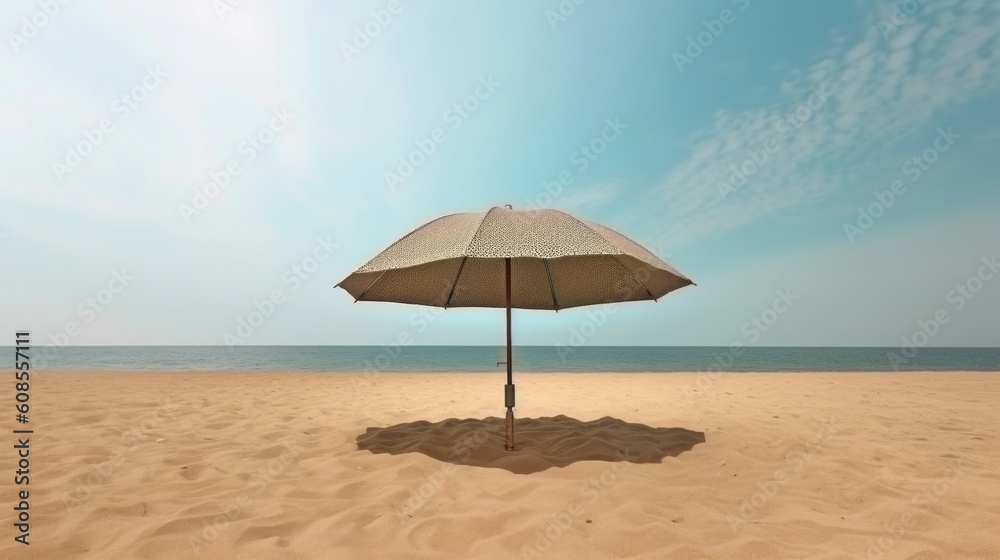 A white umbrella on a sandy beach, providing shade from the sun. Generative ai