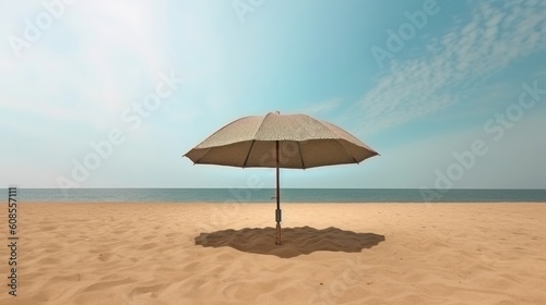 A white umbrella on a sandy beach, providing shade from the sun. Generative ai © LabirintStudio