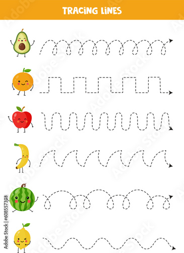Handwriting practice with cute kawaii fruits. Tracing lines for preschoolers. Vector illustration of kawaii fruits.