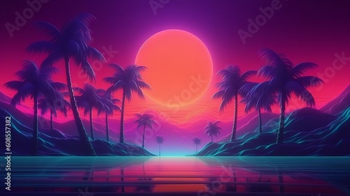 A beautiful sunset with palm trees and mountains in the background. Generative ai