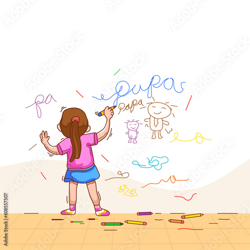 Children painting with colors on the wall of their house for father's day