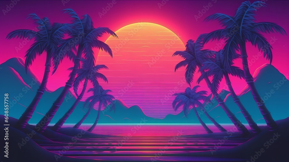 A beautiful sunset with palm trees in the foreground. Generative ai