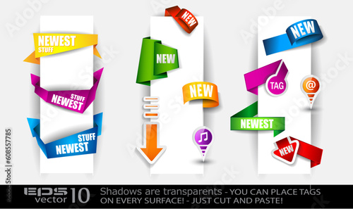 Paper and origami style tags collection: stickers, arrow tags, circular tags, pins, origami ribbons, origami cliparts and so on.