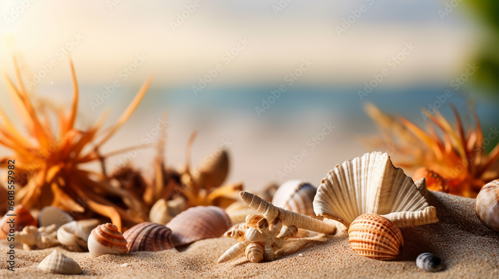 Obraz premium Summer concept with sandy beach, shells and starfish. generative ai