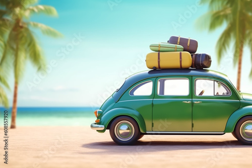 Green car with luggage ready for summer holidays 3D Rendering  summer vacation  holiday  copy space. generative ai