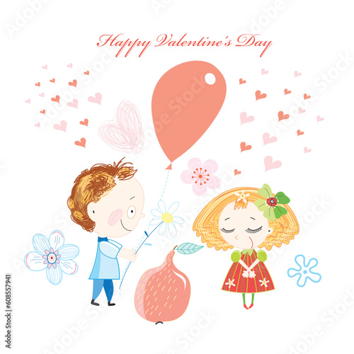 Bright graphics card with adoring children on a white flower background