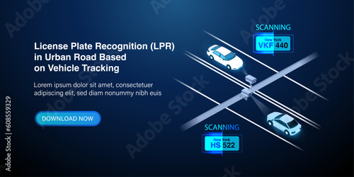 Smart LPR Camera Solutions landing page. Automated License Plate Recognition. Car registration and speed detection. Monitoring, Location tracking radar and road traffic rule violation. Vector.