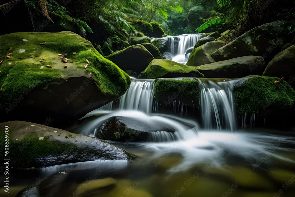 Fototapeta premium Tropical waterfall with rocks and green moss