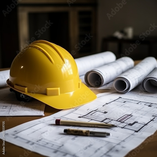 Yellow hard hat and blueprints on a desk in a dark room