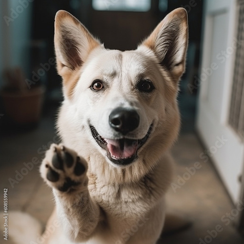 Portrait of a happy dog breed Akita inu in the room