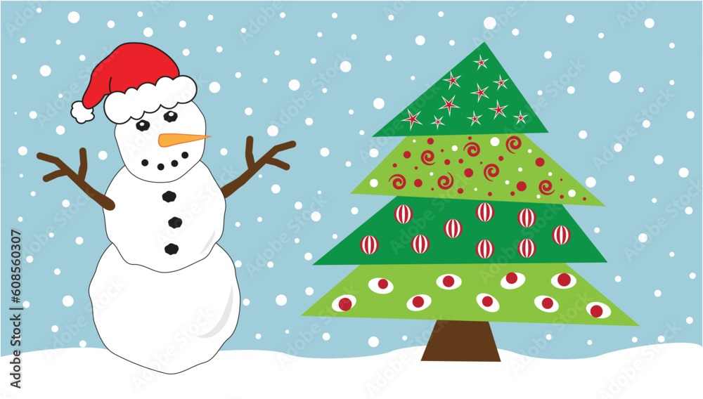 Festive snowy Christmas tree and snowman
