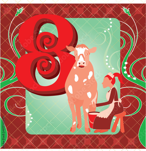 Vector Illustration Card for the 12 days of Christmas. Eight Maids Milking.