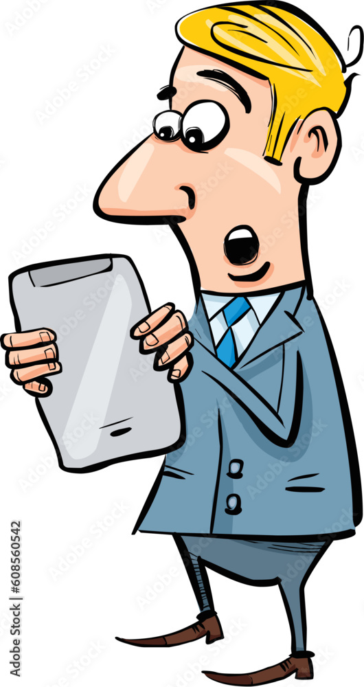 cartoon illustration of startled businessman with tablet