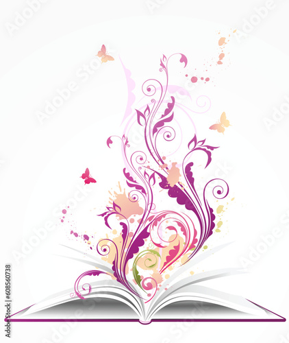 background with open book, floral ornament and butterflies