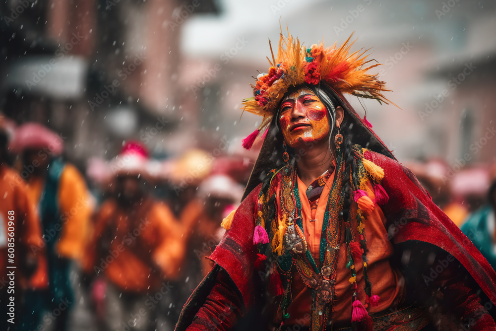 A man dressed in a costume and headdress in the rain. Generative AI. Qoyllur Rit'i in Cusco, Peru.
