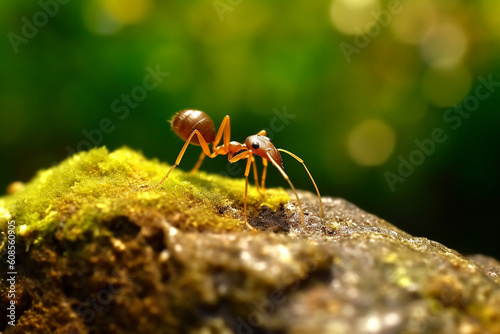 A red ant sits on a piece of wood with a green background. Generative AI  © NishanPrabodhana