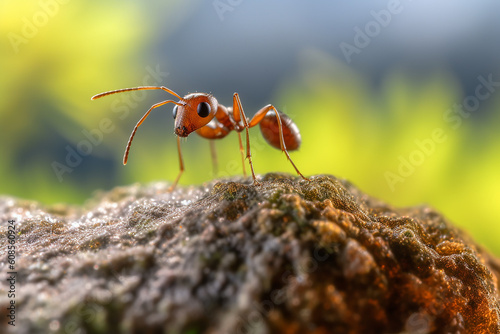A red ant sits on a piece of wood with a green background. Generative AI

