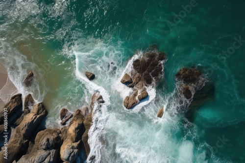 Aerial view of a beach and ocean captures the natural beauty of the coastline and marine life, providing an ideal backdrop for surfing and fishing activities. AI Generative.