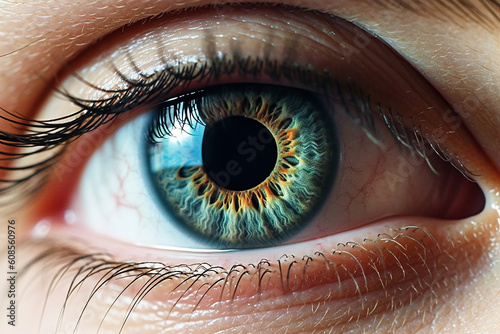 A close up of a blue eye with the word  on it . Generative AI
