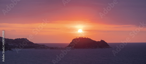 The sunset sun over the sea and the coast of Getaria  Euskadi