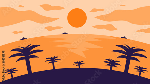 Beautiful sunset view over the sea  silhouette beach and coconut tree in flat design