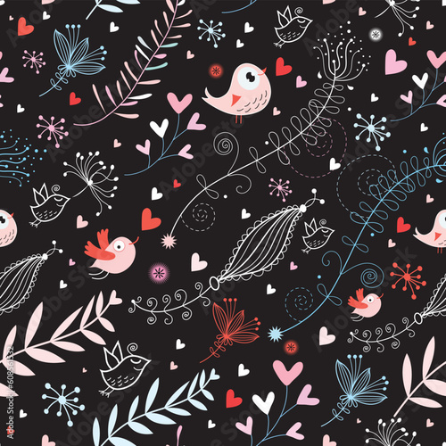 seamless graphic floral pattern with birds on a black background