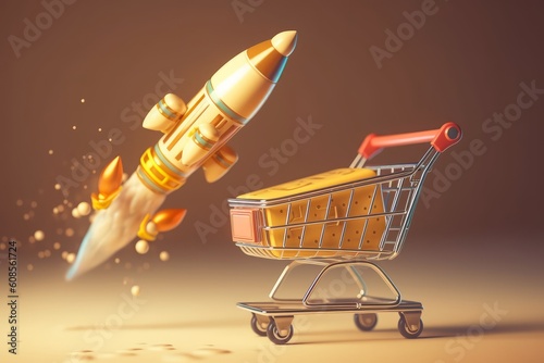 Fast rocket-propelled shopping cart flying and deliver. Generative AI