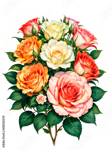 Colorful roses on white background  watercolor style. Generative AI