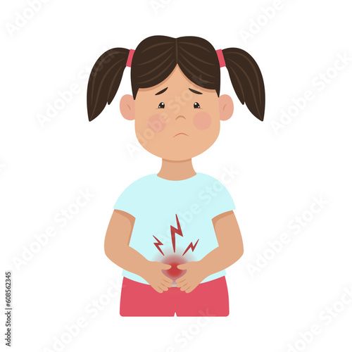 Stomach ache. Upset girl holding his stomach. Childrens rotavirus. Vector illustration. Kid diseases.