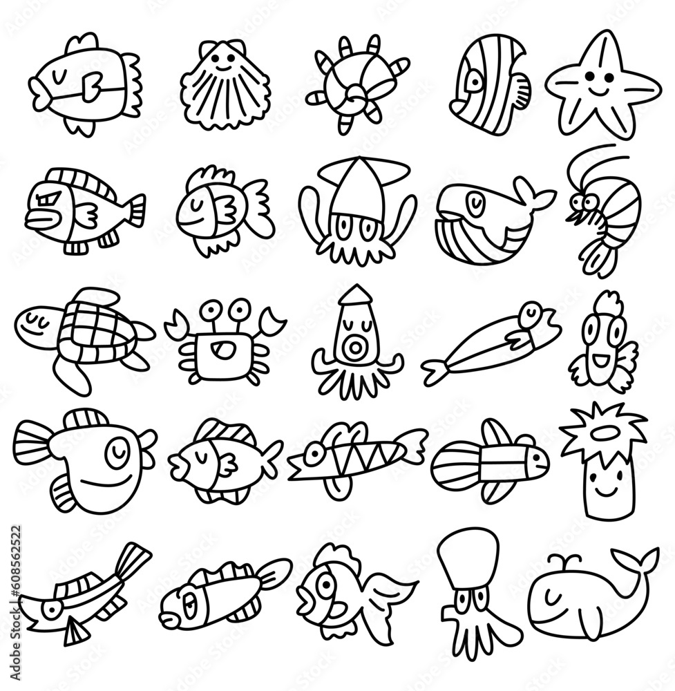 hand draw aquarium fish icons set