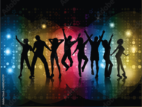 Silhouettes of people dancing on an abstract background with glowing lights and stars