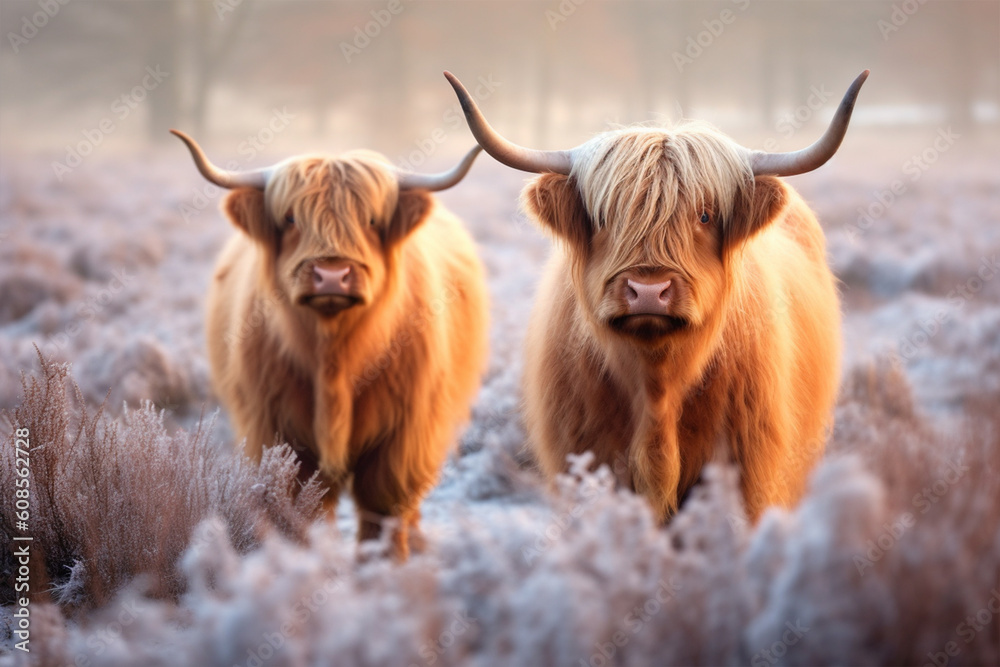Two Scottish highland cattle standing in a snowy field in winter with Generative AI. - obrazy, fototapety, plakaty 