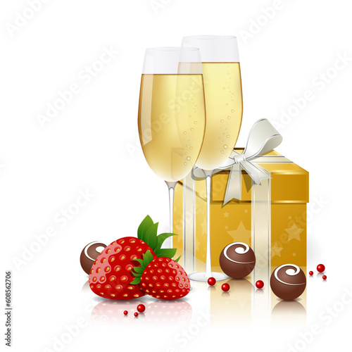 Greeting card with champagne and chocolate