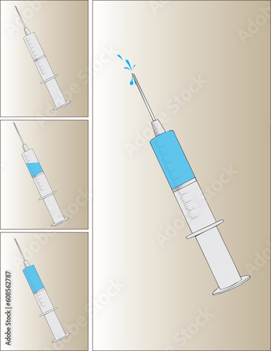 Plastic syringe for injection with versions of its content. Vector illustration.