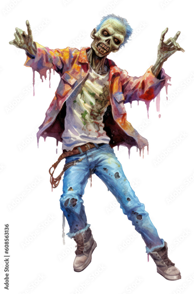 Fototapeta premium Watercolor illustration of a zombie dancing isolated. Generative AI.