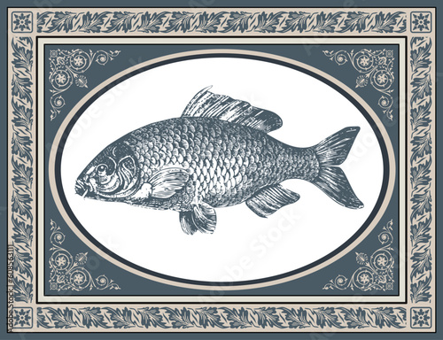 Fish carp vector illustration, antique graphic and stylized frame with corner ornaments