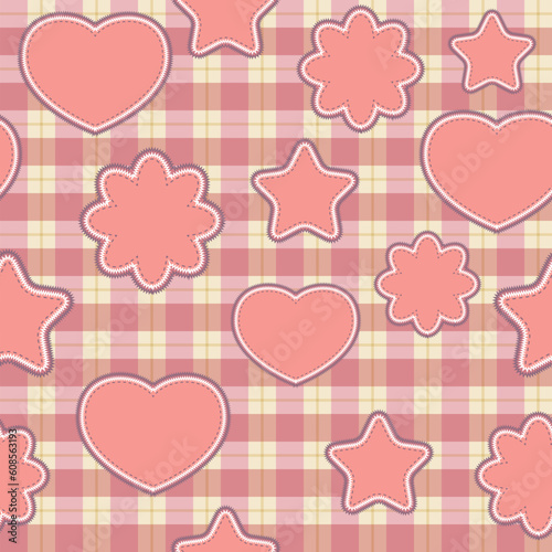 Seamless pattern with pink applications on checkered background