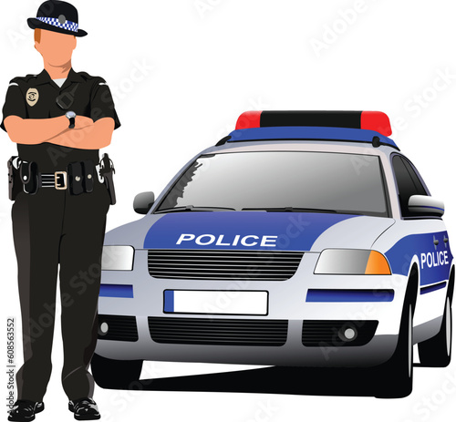 Police woman standing near police car  isolated on white. Vector illustration