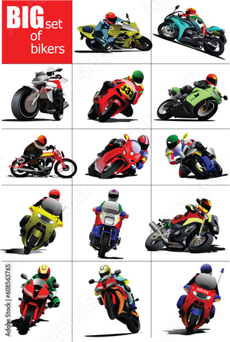 Big set of Bikers on the road. Vector illustration