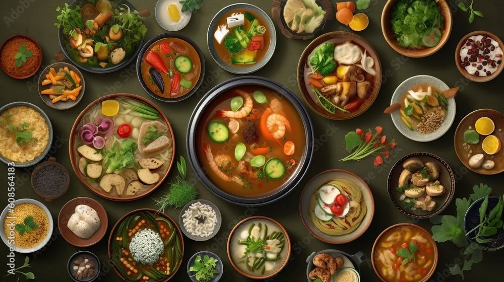 A colorful variety of dishes served on a table for a family gathering. Generative ai A colorful variety of dishes served on a table for a family gathering. Generative ai