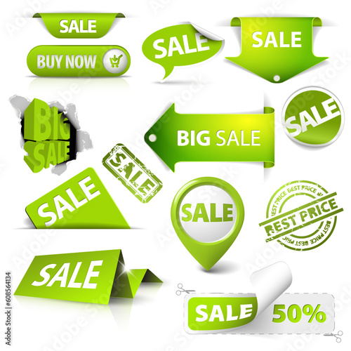 Collection of vector green sale tickets, labels, stamps, stickers, corners, tags on white background