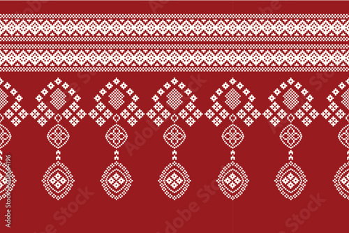 Ethnic geometric fabric pattern Cross Stitch.Ikat embroidery Ethnic oriental Pixel pattern red background. Abstract,vector,illustration. Texture,clothing,scarf,decoration,motifs,silk wallpaper.