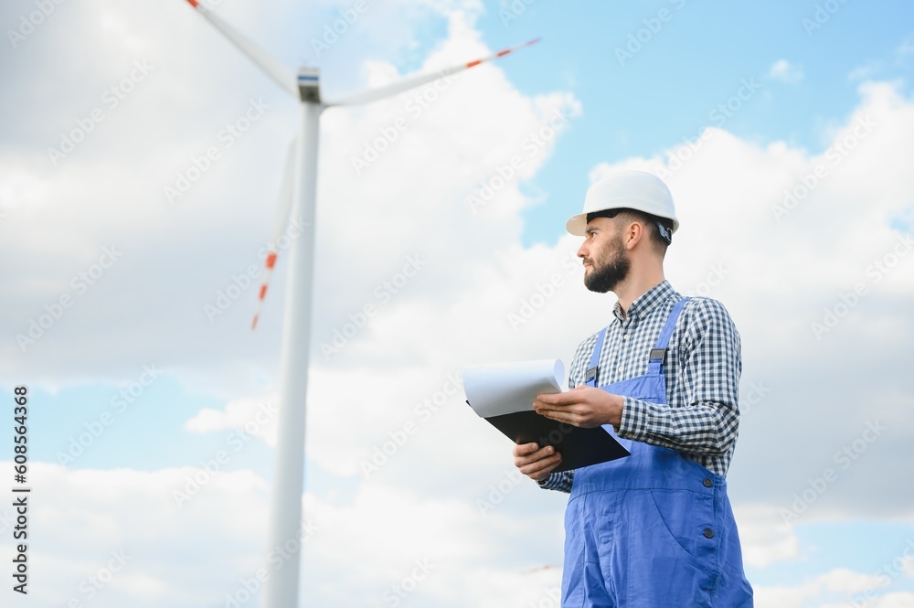 Engineer is checking energy production on wind turbine. Worker in windmills park Engineer is checking energy production on wind turbine. Worker in windmills park