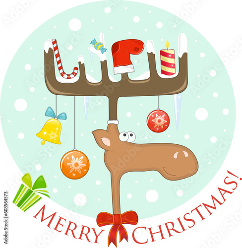Funny Elk wth Christmas decoration on the antlers (postcard).  Vector Illustration.